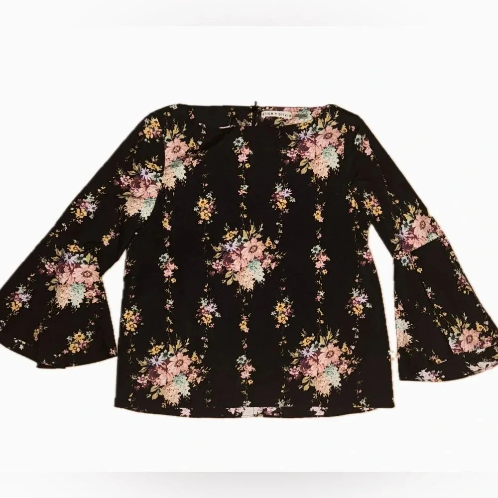 ALICE + OLIVIA BLACK PINK FLORAL BELL SLEEVE BLOUSE TOP SIZE SMALL